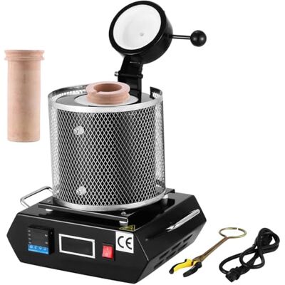 VEVOR Smeltoven voor goud 1350 W, max. temperatuur 1150 °C, elektrische smeltoven met keramische smeltkroes van 3 kg, metaalraffinagebehandeling, zwart VEVOR Smeltoven voor goud 1350 W, max. temperatuur 1150 °C, elektrische smeltoven met keramische smeltkroes van 3 kg, metaalraffinagebehandeling, zwart