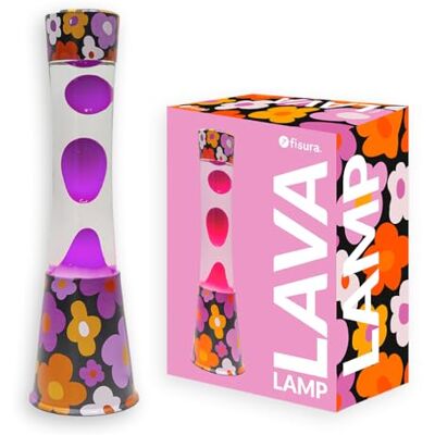 Fisura Lavalamp, basis bedrukt met bloemen, transparante vloeistof en paarse lava, ontspannend effect, Met reservelamp. 11 x 11 x 39,5 cm Fisura Lavalamp, basis bedrukt met bloemen, transparante vloeistof en paarse lava, ontspannend effect, Met reservelamp. 11 x 11 x 39,5 cm