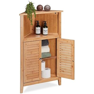 Relaxdays Hoekkast van bamboe, 92 x 58 x 30 cm, met 2 lameldeuren, hoekcommode voor badkamer en keuken, natuurlijk hout, vezelplaat Relaxdays Hoekkast van bamboe, 92 x 58 x 30 cm, met 2 lameldeuren, hoekcommode voor badkamer en keuken, natuurlijk hout, vezelplaat