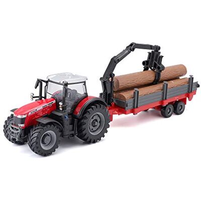 Bburago Massey FERGUSSON 8740S Tractor met houten aanhanger, verschillende patronen en kleuren, 10 cm Bburago Massey FERGUSSON 8740S Tractor met houten aanhanger, verschillende patronen en kleuren, 10 cm