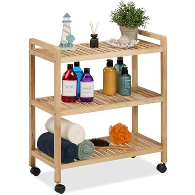 Relaxdays Badkamerrek, hout, wielen, 3 niveaus, HLP: 72 x 65 x 31 cm, ook voor keuken, natuur Relaxdays Badkamerrek, hout, wielen, 3 niveaus, HLP: 72 x 65 x 31 cm, ook voor keuken, natuur