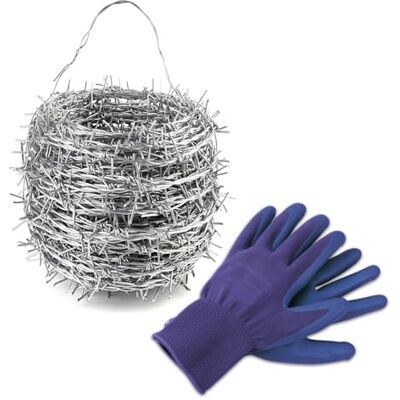 KARAT 16 m verzinkt prikkeldraad met draaggreep en handschoenen, marterbescherming KARAT 16 m verzinkt prikkeldraad met draaggreep en handschoenen, marterbescherming