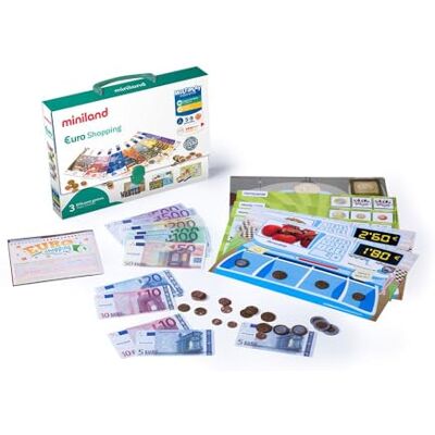 Miniland Euro Shopping Geldset met eurobankbiljetten en munten in volledige grootte, 14 bankbiljetten, 24 stuks, 18 speelkaarten, handleiding (mogelijk niet beschikbaar in het Nederlands) 45308 Miniland Euro Shopping Geldset met eurobankbiljetten en munten in volledige grootte, 14 bankbiljetten, 24 stuks, 18 speelkaarten, handleiding (mogelijk niet beschikbaar in het Nederlands) 45308