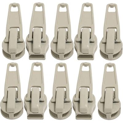 AERZETIX C62930 Set van 10 zelfborgende ritslopers nr. 5 voor spiraalvormige rits/nylon Kleur: lichtbeige metaal Beschermhoes rok jurk lederwaren kussen AERZETIX C62930 Set van 10 zelfborgende ritslopers nr. 5 voor spiraalvormige rits/nylon Kleur: lichtbeige metaal Beschermhoes rok jurk lederwaren kussen