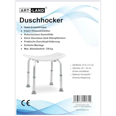 ART Douchekruk, 6-traps in hoogte verstelbaar, 40-53 cm, zitvlak 51,5 x 31 cm, belastbaar tot 136 kg, antislip, wit ART Douchekruk, 6-traps in hoogte verstelbaar, 40-53 cm, zitvlak 51,5 x 31 cm, belastbaar tot 136 kg, antislip, wit