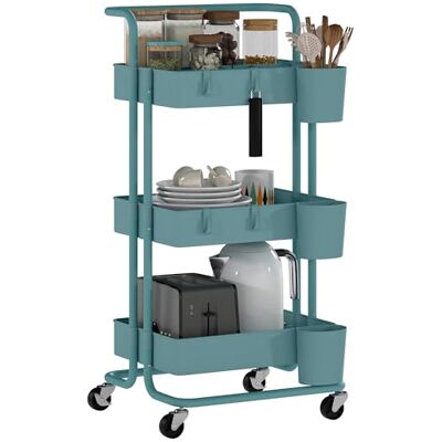 HOMCOM Trolley met 3 niveaus, 42 x 38 x 86,5 cm, blauw-groen HOMCOM Trolley met 3 niveaus, 42 x 38 x 86,5 cm, blauw-groen
