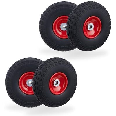 Relaxdays Set van 4 trolleywielen, rubber, 4,10/3,50-4 inch, stalen velgen, tot 150 kg, 260 x 85 mm, zwart rood Relaxdays Set van 4 trolleywielen, rubber, 4,10/3,50-4 inch, stalen velgen, tot 150 kg, 260 x 85 mm, zwart rood