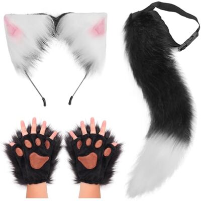 DRESHOW Handschoenen en wolvenstaart, wolvenstaart en oren, cosplay-feestkostuum met staart, super volumineus en pluizig voor vrouwen Eén maat DRESHOW Handschoenen en wolvenstaart, wolvenstaart en oren, cosplay-feestkostuum met staart, super volumineus en pluizig voor vrouwen Eén maat