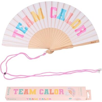 Fisura – Houten waaier met boodschap "team calorie". Origineel en kleurrijk accessoire, beige zakventilator met haak inbegrepen. Perfect voor de zomer met stijl. Afmetingen: 42,5 x 23 cm Fisura – Houten waaier met boodschap "team calorie". Origineel en kleurrijk accessoire, beige zakventilator met haak inbegrepen. Perfect voor de zomer met stijl. Afmetingen: 42,5 x 23 cm