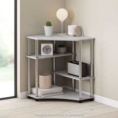 Furinno Turn-N-Tube Multifunctioneel hoekrek van wit eiken, roestvrijstalen buizen Furinno Turn-N-Tube Multifunctioneel hoekrek van wit eiken, roestvrijstalen buizen