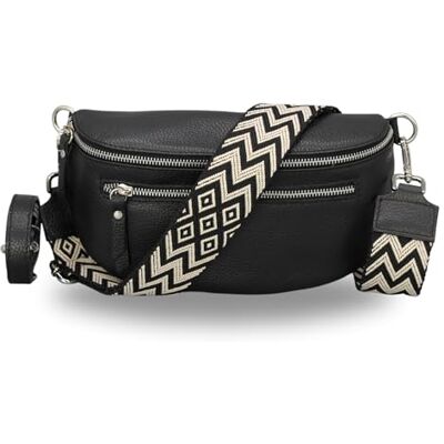 BRISE Lucia Heuptas voor dames, handgemaakt, van echt leer, met leren riem + brede bandjes met patroon, 3 vakken, elegant, Made in Italy, Zwart-3, Eigentijds BRISE Lucia Heuptas voor dames, handgemaakt, van echt leer, met leren riem + brede bandjes met patroon, 3 vakken, elegant, Made in Italy, Zwart-3, Eigentijds