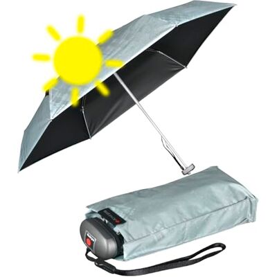 Knirps Mini-reisparaplu, klein en licht, gestreept, Grijs-luxe zilver Black Heatshield UV- en thermische bescherming, Super mini compact Knirps Mini-reisparaplu, klein en licht, gestreept, Grijs-luxe zilver Black Heatshield UV- en thermische bescherming, Super mini compact
