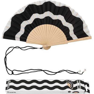 Fisura Houten waaier, zwart en wit, elegant opvouwbaar accessoire voor de zomer, handventilator met polsband, origineel cadeau-idee voor dames, strand, reizen, 42,5 x 23 cm Fisura Houten waaier, zwart en wit, elegant opvouwbaar accessoire voor de zomer, handventilator met polsband, origineel cadeau-idee voor dames, strand, reizen, 42,5 x 23 cm