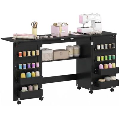 HOMCOM Opvouwbare naaitafel met wielen, 2 magnetische deuren, zwart 4 bakken, 20 haken, opbergrek, naaimeubel, naaimachine, voor woonkamer, kantoor, studio HOMCOM Opvouwbare naaitafel met wielen, 2 magnetische deuren, zwart 4 bakken, 20 haken, opbergrek, naaimeubel, naaimachine, voor woonkamer, kantoor, studio