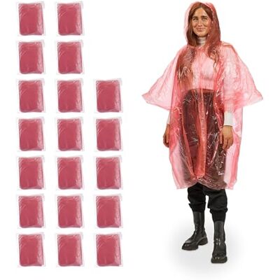 Relaxdays 20 stuks wegwerp regenponcho's met capuchon voor wandelen, festival, noodgevallen, voor dames en heren, rood Relaxdays 20 stuks wegwerp regenponcho's met capuchon voor wandelen, festival, noodgevallen, voor dames en heren, rood