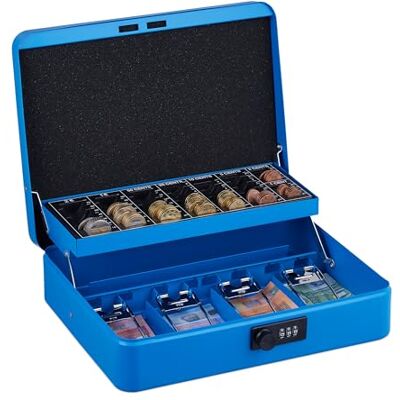 Relaxdays Geldcassette van ijzer met 3 cijfers, 8,5 x 30,5 x 25 cm, blauw Relaxdays Geldcassette van ijzer met 3 cijfers, 8,5 x 30,5 x 25 cm, blauw