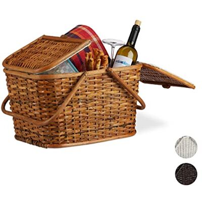 Relaxdays Picknickmand met gevlochten deksel, stof, handgrepen, grote transportmand, handgemaakt, rotan, honingbruin Relaxdays Picknickmand met gevlochten deksel, stof, handgrepen, grote transportmand, handgemaakt, rotan, honingbruin