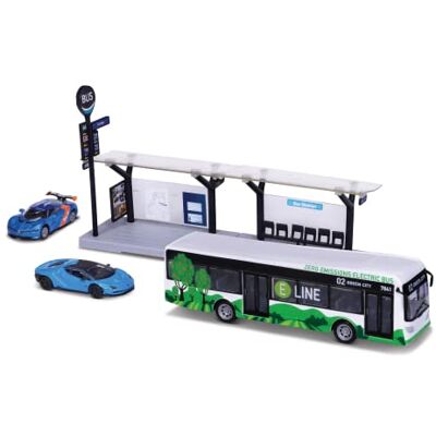 Bburago 1/64 openbaar vervoer – Playset City Bus + Station + 2 voertuigen – blauw of groen Bburago 1/64 openbaar vervoer – Playset City Bus + Station + 2 voertuigen – blauw of groen