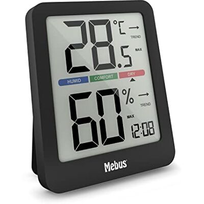 Mebus digitaal klimaatstation met binnenthermometer en hygrometer, Uhr, comfortabele dikator voor perfecte kamertemperatuur, displayverlichting, min/max-functie, trendweergave, kleur: zwart, model: 11115 Mebus digitaal klimaatstation met binnenthermometer en hygrometer, Uhr, comfortabele dikator voor perfecte kamertemperatuur, displayverlichting, min/max-functie, trendweergave, kleur: zwart, model: 11115