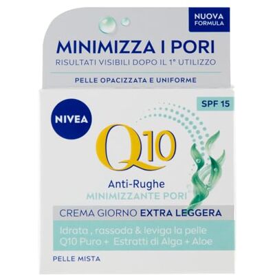 NIVEA Q10 Anti-rimpel Pori dagcrème, extra licht, SPF 15, 50 ml, gezichtscrème, anti-rimpel, hydraterend en matterend, gezichtscrème, gemengde huid met co-enzym Q10 en algen en aloë-extracten NIVEA Q10 Anti-rimpel Pori dagcrème, extra licht, SPF 15, 50 ml, gezichtscrème, anti-rimpel, hydraterend en matterend, gezichtscrème, gemengde huid met co-enzym Q10 en algen en aloë-extracten