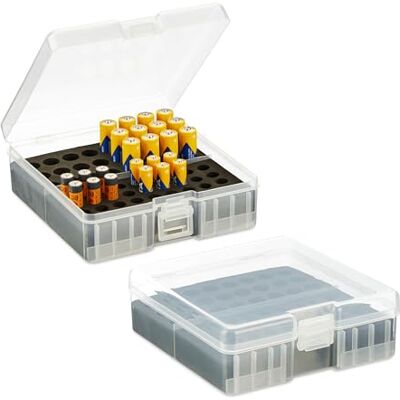 Relaxdays Batterijhouder voor 60 AA- en AAA-batterijen, 5,5 x 15 x 15,5 cm (h x b x d), transparant/zwart, 2 stuks Relaxdays Batterijhouder voor 60 AA- en AAA-batterijen, 5,5 x 15 x 15,5 cm (h x b x d), transparant/zwart, 2 stuks