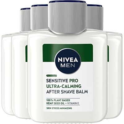 NIVEA Men Sensitive Pro Ultra Calming After Shave After Shave Balm voor heren met hennepzaadolie en vitamine en rustgevende baardbalsem, 4 x 100 ml flessen NIVEA Men Sensitive Pro Ultra Calming After Shave After Shave Balm voor heren met hennepzaadolie en vitamine en rustgevende baardbalsem, 4 x 100 ml flessen
