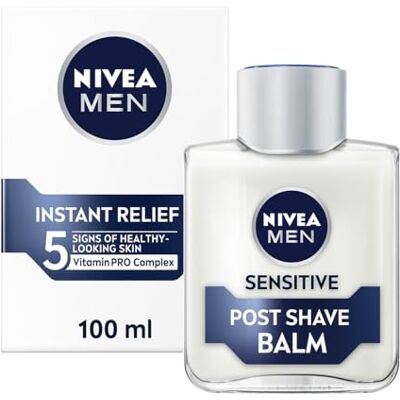 NIVEA MEN Sensitive After Shave Balsem (100 ml), 0% alcohol met kamille en vitamine E, verlicht de huid van 5 tekenen van irritatie, huidverzorging voor mannen en scheerbenodigdheden NIVEA MEN Sensitive After Shave Balsem (100 ml), 0% alcohol met kamille en vitamine E, verlicht de huid van 5 tekenen van irritatie, huidverzorging voor mannen en scheerbenodigdheden