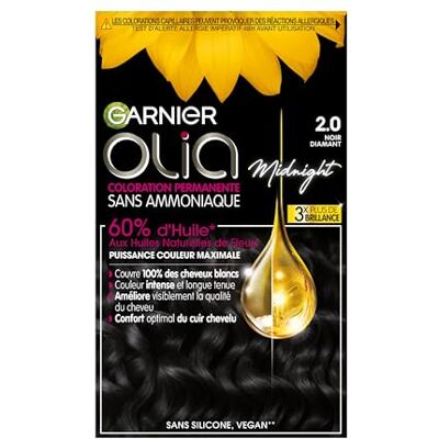 Garnier Olia Permanente haarkleur zonder ammoniak 2.0, zwart diamant 60% natuurlijke oliën, ODS-technologie, langdurige kleur, inclusief glansverzorging, bloemengeur Garnier Olia Permanente haarkleur zonder ammoniak 2.0, zwart diamant 60% natuurlijke oliën, ODS-technologie, langdurige kleur, inclusief glansverzorging, bloemengeur