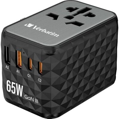 Verbatim GaN UTA‑05 65W universele reisadapter met 2 USB-A-poorten en 2 USB-C-poorten, snellader voor laptop, mobiele telefoon, camera en andere reisstekker Verbatim GaN UTA‑05 65W universele reisadapter met 2 USB-A-poorten en 2 USB-C-poorten, snellader voor laptop, mobiele telefoon, camera en andere reisstekker