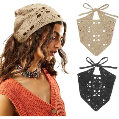 DRESHOW Set van 2 vintage gehaakte bandana's met aardbeienprint voor dames en meisjes DRESHOW Set van 2 vintage gehaakte bandana's met aardbeienprint voor dames en meisjes