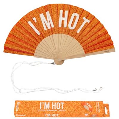 Fisura Originele waaier met boodschap 'I'm hot', modern en kleurrijk houten accessoire, oranje glitterhandwaaier, inclusief polsband, grappig cadeau-idee, 42,5 x 23 cm Fisura Originele waaier met boodschap 'I'm hot', modern en kleurrijk houten accessoire, oranje glitterhandwaaier, inclusief polsband, grappig cadeau-idee, 42,5 x 23 cm