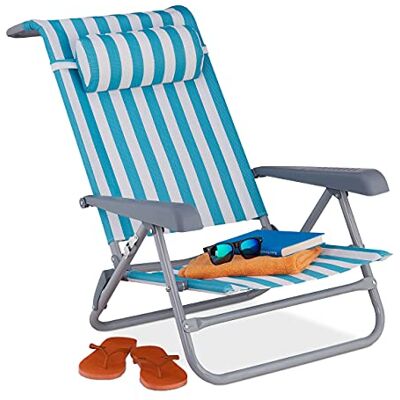 Relaxdays Opvouwbare ligstoel, 8 verstelbare niveaus, strandstoel met hoofdsteun, armleuningen, blauw/wit Relaxdays Opvouwbare ligstoel, 8 verstelbare niveaus, strandstoel met hoofdsteun, armleuningen, blauw/wit