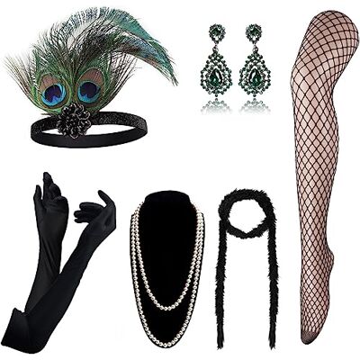 DRESHOW Gatsby-kostuumset voor dames, hoofdband, flapper, halsketting, handschoenen, Charleston, accessoires voor maskerade, Halloween, Kerstmis DRESHOW Gatsby-kostuumset voor dames, hoofdband, flapper, halsketting, handschoenen, Charleston, accessoires voor maskerade, Halloween, Kerstmis