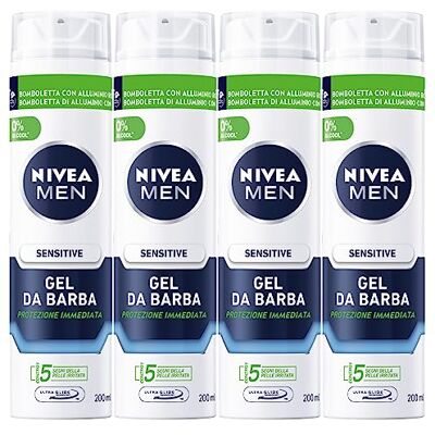 NIVEA Men Sensitive scheergel voor mannen met kamille-extract en vitamine en gezichtscrème verzacht en beschermt de baard, 4 x 200 ml flessen NIVEA Men Sensitive scheergel voor mannen met kamille-extract en vitamine en gezichtscrème verzacht en beschermt de baard, 4 x 200 ml flessen