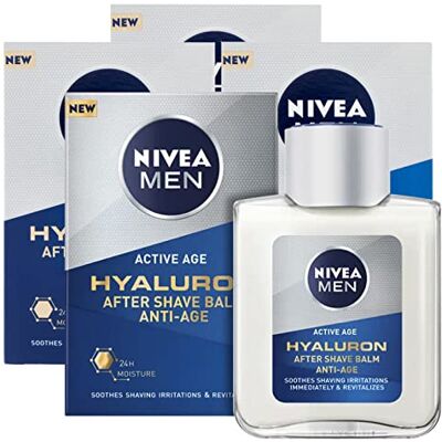 NIVEA Men Active Age Hyaluron After Shave Balm voor heren, anti-aging formule met hyaluronzuur met hydraterende werking, revitaliserend, rustgevend, voor rijpe huid, 4 flessen NIVEA Men Active Age Hyaluron After Shave Balm voor heren, anti-aging formule met hyaluronzuur met hydraterende werking, revitaliserend, rustgevend, voor rijpe huid, 4 flessen