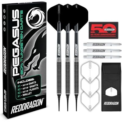 Dragon PEGASUS Dartpijlen van wolfraam (zachte punten) 18 g met witte staven, witte staarthouder, portemonnee en Checkout Card Dragon PEGASUS Dartpijlen van wolfraam (zachte punten) 18 g met witte staven, witte staarthouder, portemonnee en Checkout Card