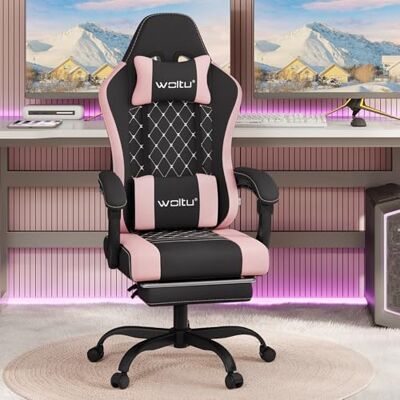 WOLTU GS15swr Ergonomische draaibare gamestoel met pocketvering, lendensteun, voetensteun, netstof, zwart en roze WOLTU GS15swr Ergonomische draaibare gamestoel met pocketvering, lendensteun, voetensteun, netstof, zwart en roze