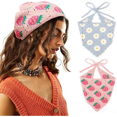 DRESHOW 2 stuks gehaakte hoofdband, vintage geknoopte hoofdband, aardbeienprint, gebreide hoofdband voor vrouwen en meisjes DRESHOW 2 stuks gehaakte hoofdband, vintage geknoopte hoofdband, aardbeienprint, gebreide hoofdband voor vrouwen en meisjes