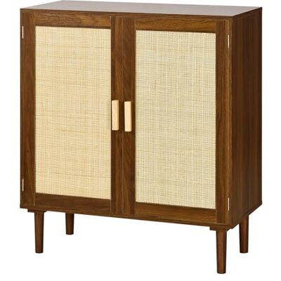 VEVOR Opbergkast van rotan met 2 magnetische deuren en verstelbare planken, bijzetdressoir met houten poten en gat voor netsnoer, voor hal, entree, woonkamer, keuken (bruin VEVOR Opbergkast van rotan met 2 magnetische deuren en verstelbare planken, bijzetdressoir met houten poten en gat voor netsnoer, voor hal, entree, woonkamer, keuken (bruin