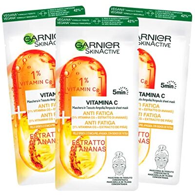 Garnier 3 x SkinActive Vitamine C, stoffen masker, geconcentreerd, anti-vermoeidheid en antioxidant, met ananasextract, 3 wegwerpmaskers Garnier 3 x SkinActive Vitamine C, stoffen masker, geconcentreerd, anti-vermoeidheid en antioxidant, met ananasextract, 3 wegwerpmaskers