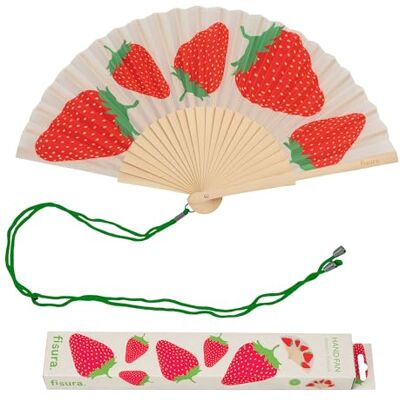 Fisura Houten waaier met rode aardbeien, originele handwaaier met polsband, kleurrijk zomeraccessoire voor strand, vakantie en festival, cadeau-idee voor dames, 42,5 x 23 cm Fisura Houten waaier met rode aardbeien, originele handwaaier met polsband, kleurrijk zomeraccessoire voor strand, vakantie en festival, cadeau-idee voor dames, 42,5 x 23 cm