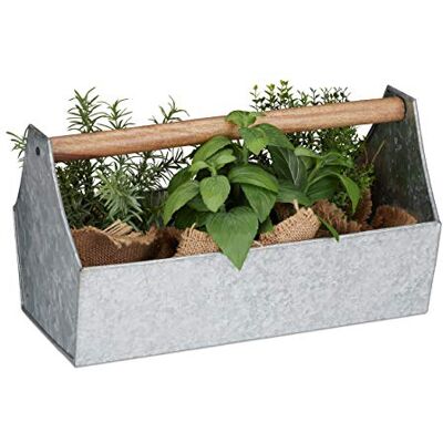 Relaxdays Bloembak met houten handvat, bloemen, planten en kruiden, decoratieve gereedschapskist, ijzer, 20 x 36 x 20 cm, zilver Relaxdays Bloembak met houten handvat, bloemen, planten en kruiden, decoratieve gereedschapskist, ijzer, 20 x 36 x 20 cm, zilver
