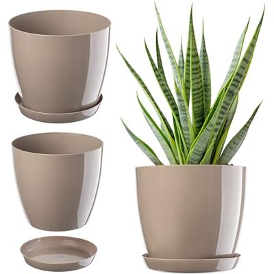 KADAX Elegante bloempot, plantenpot met onderzetter, ronde bloempot van kunststof, bloempot voor bloemen, met schotel, geschikt voor binnen, Ø 16 cm, beige KADAX Elegante bloempot, plantenpot met onderzetter, ronde bloempot van kunststof, bloempot voor bloemen, met schotel, geschikt voor binnen, Ø 16 cm, beige