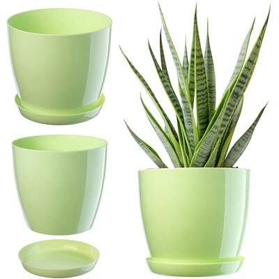 KADAX Elegante bloempot, met schotel, ronde bloempot van kunststof, plantenpot voor gebruik binnen, Ø 12 cm, lichtgroen KADAX Elegante bloempot, met schotel, ronde bloempot van kunststof, plantenpot voor gebruik binnen, Ø 12 cm, lichtgroen