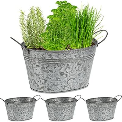 Relaxdays zinkpotten in set van 4, verzinkte emmers voor tuin, ovaal, bloembakken, h x b x d: 15,5 x 29 x 17,5 cm, zilver Relaxdays zinkpotten in set van 4, verzinkte emmers voor tuin, ovaal, bloembakken, h x b x d: 15,5 x 29 x 17,5 cm, zilver
