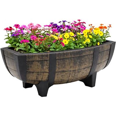Spetebo Plantenbak van kunststof, eiken vatlook, bruin, met drainagebodem, 41 x 30 cm, half houten vat met bescherming tegen stilstaand water, tuindecoratie, bloembak Spetebo Plantenbak van kunststof, eiken vatlook, bruin, met drainagebodem, 41 x 30 cm, half houten vat met bescherming tegen stilstaand water, tuindecoratie, bloembak