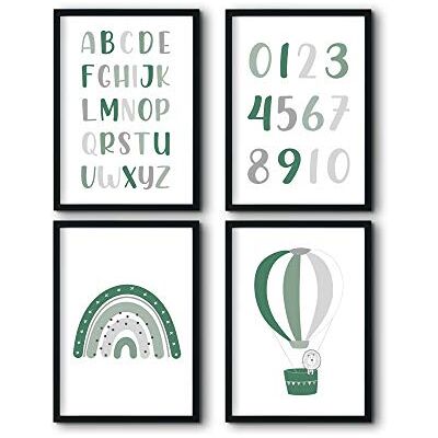 bilderreich Set van 4 posters kinderkamer decoratie babykamer jongen meisjes wandafbeeldingen 4 foto's klaar ingelijst houten frame zwart 4 x DIN A3 "Groen alfabet groen bilderreich Set van 4 posters kinderkamer decoratie babykamer jongen meisjes wandafbeeldingen 4 foto's klaar ingelijst houten frame zwart 4 x DIN A3 "Groen alfabet groen