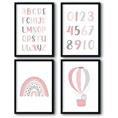 bilderreich Set van 4 posters voor de kinderkamer, decoratie, babykamer, jongens en meisjes, afbeelding voor de muur zonder lijst, 4 x DIN A3 alfabetcijfers, regenboogballonnen, roze bilderreich Set van 4 posters voor de kinderkamer, decoratie, babykamer, jongens en meisjes, afbeelding voor de muur zonder lijst, 4 x DIN A3 alfabetcijfers, regenboogballonnen, roze