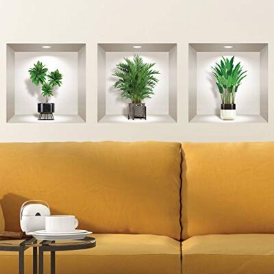 Ambiance Sticker Muurschilderingen, 3D-effect, vinyl effect, muurschilderingen, wanddecoratie voor slaapkamer, keuken, kantoor, groene kamerplanten, 3 stuks, 30 x 30 cm Ambiance Sticker Muurschilderingen, 3D-effect, vinyl effect, muurschilderingen, wanddecoratie voor slaapkamer, keuken, kantoor, groene kamerplanten, 3 stuks, 30 x 30 cm