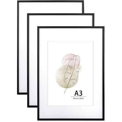 KAIWIN Set van 3 A3 zwarte houten fotolijsten voor A4-poster met passe-partout Voor wandmontage Voor thuis, kantoor, galerij, vakantie met foto's, posters, puzzels KAIWIN Set van 3 A3 zwarte houten fotolijsten voor A4-poster met passe-partout Voor wandmontage Voor thuis, kantoor, galerij, vakantie met foto's, posters, puzzels